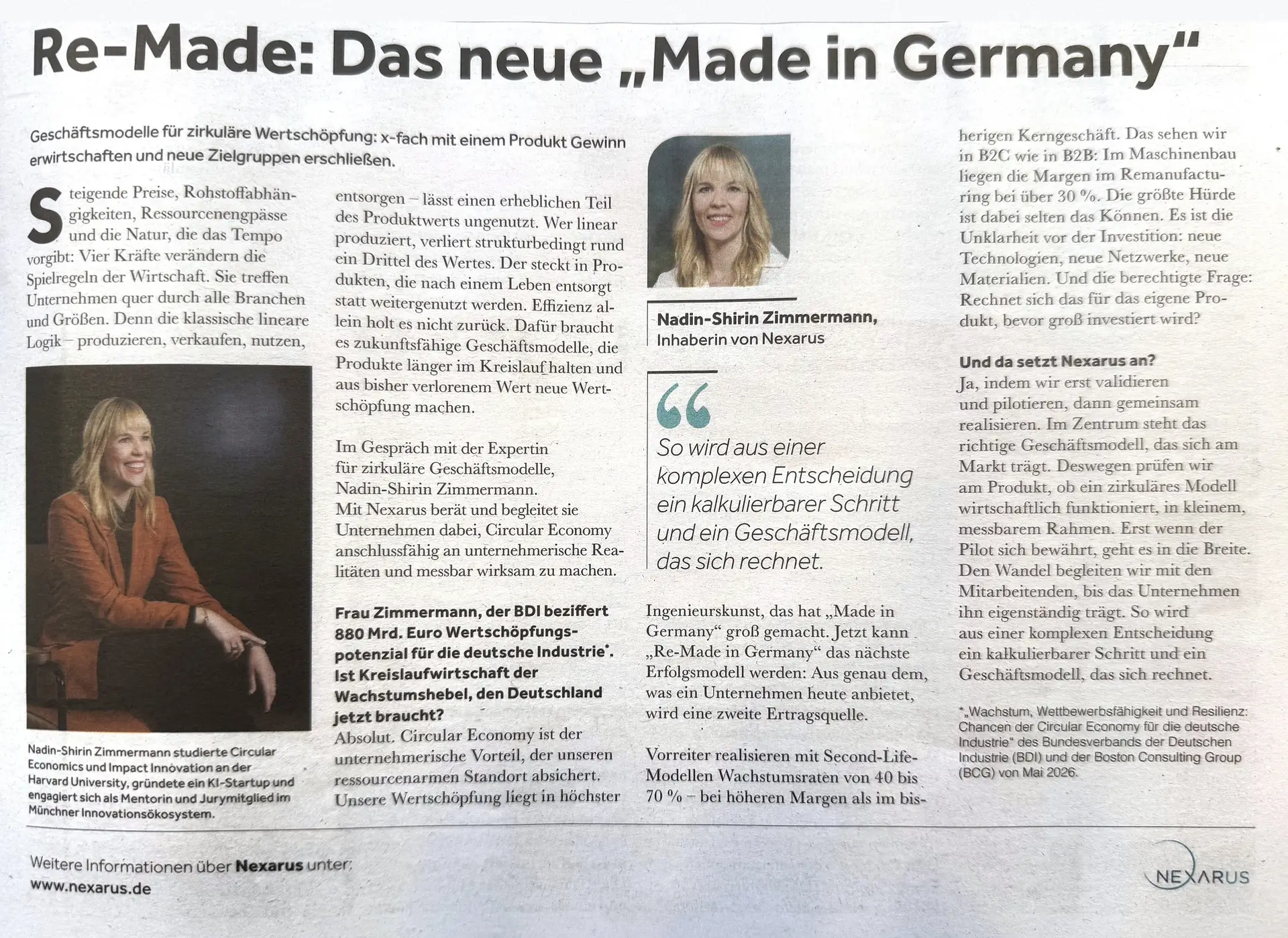 Artikel „Re-Made: Das neue Made in Germany“ in der Verlagsbeilage der Süddeutschen Zeitung mit Nadin-Shirin Zimmermann, Nexarus